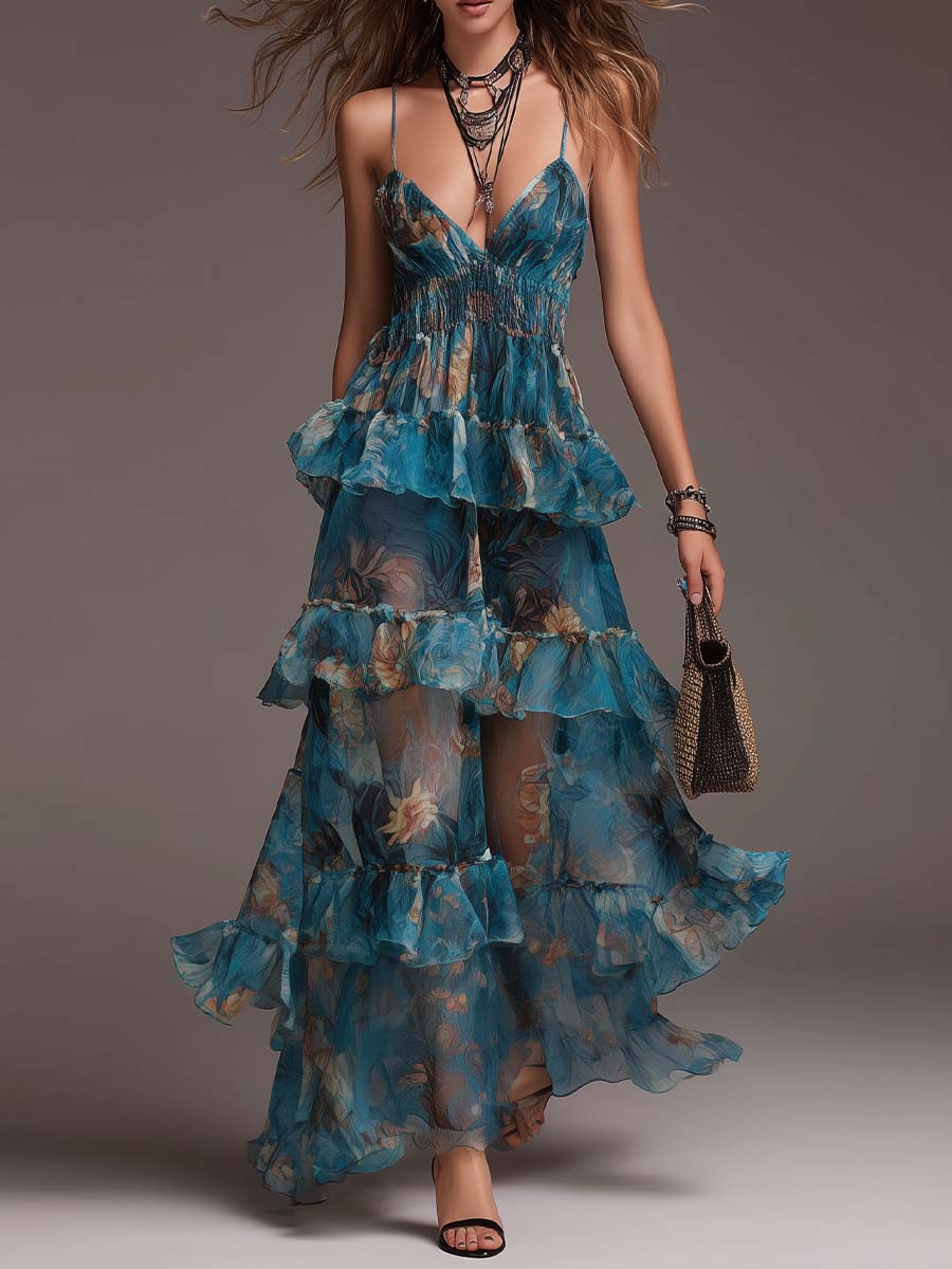 Bohemian Tiered Chiffon Floral Maxi Dress – BCSHARED