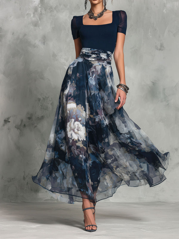 Boho Elegance Navy Top And Floral Chiffon Maxi Skirt Set