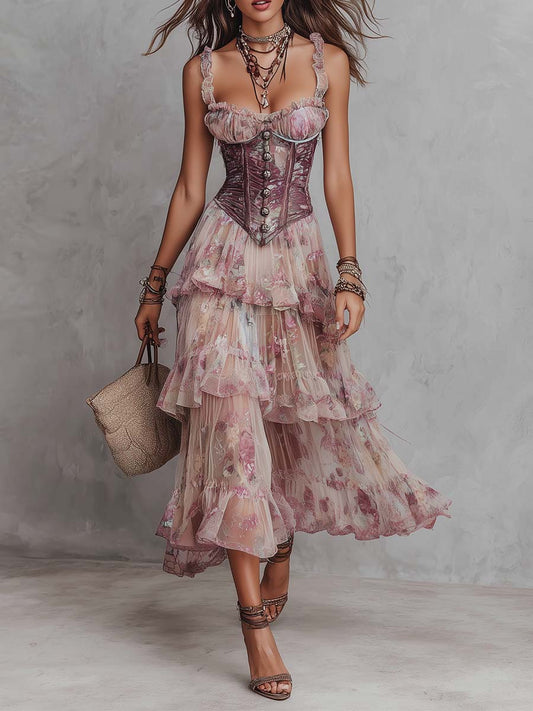 Bohemian Corset Tiered Chiffon Floral Midi Dress