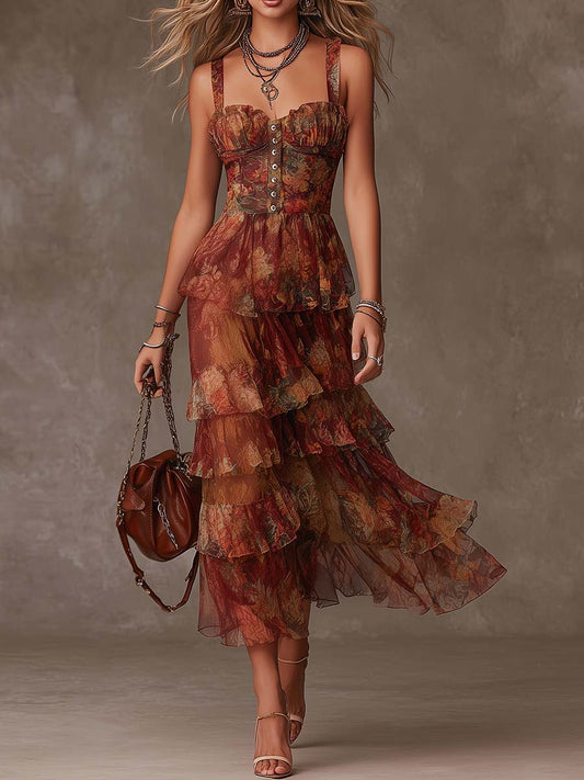 Bohemian Tiered Chiffon Midi Dress In Floral Print