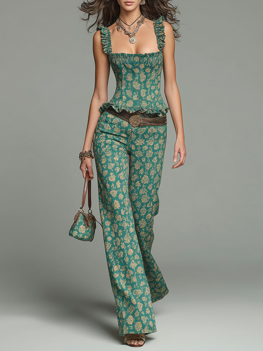 Boho Floral Ruffled Top & Straight-Leg Pants Set