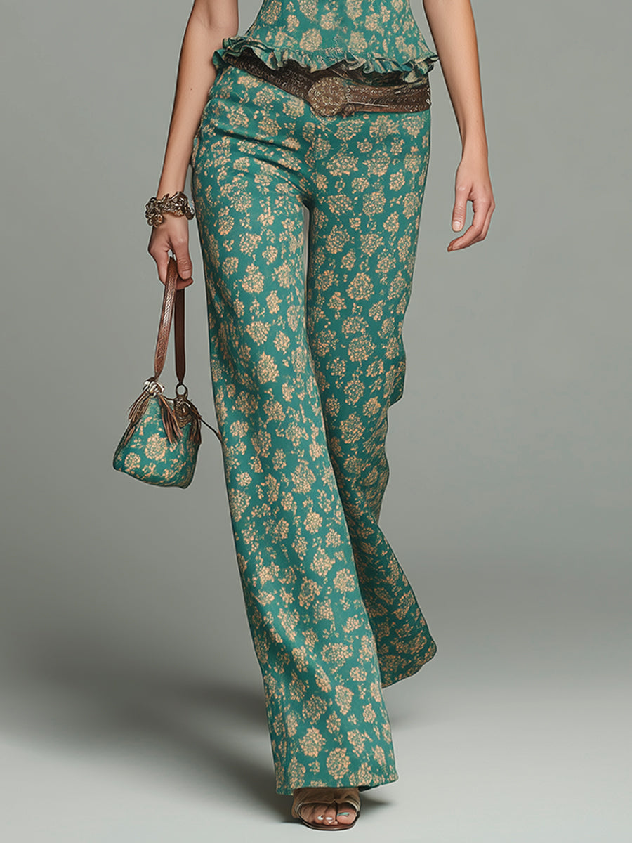 Boho Floral Ruffled Top & Straight-Leg Pants Set