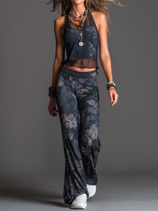 Bohemian Mesh Tank Top And Wide-Leg Pants Loungewear Set