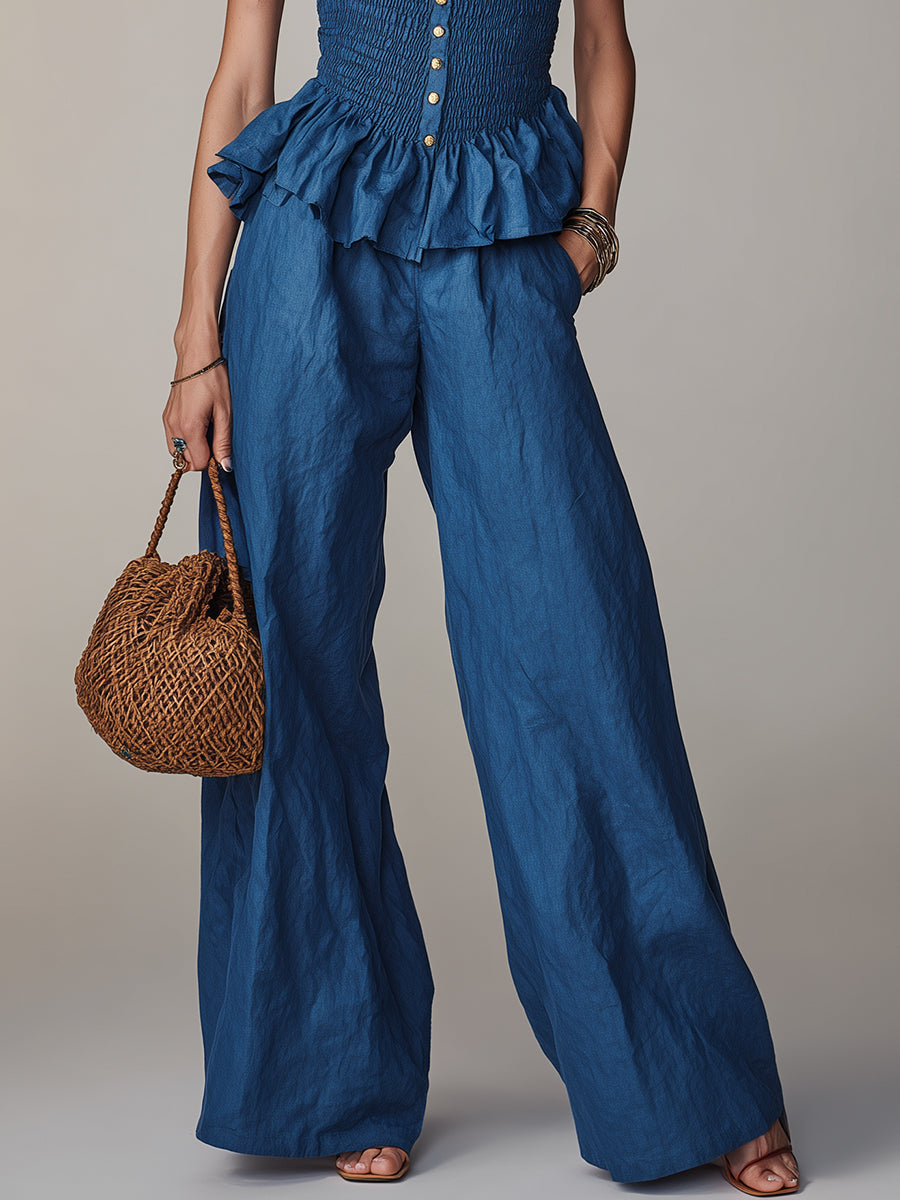 Ruffled-Strap Shirred Top & Wide-Leg Pants Set