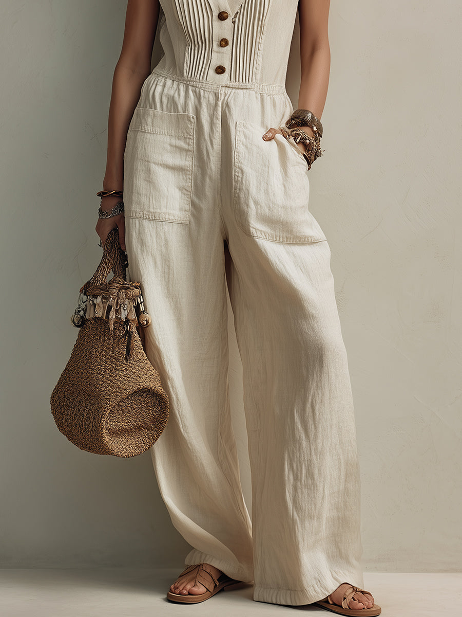 Boho V-Neck Cotton Wide-Leg Jumpsuit With Patch Pockets