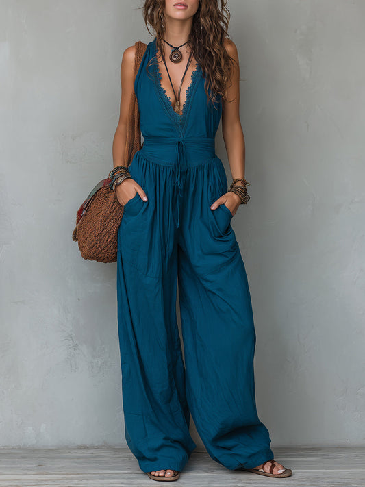 Lace-Trimmed Sleeveless Wide-Leg Jumpsuit