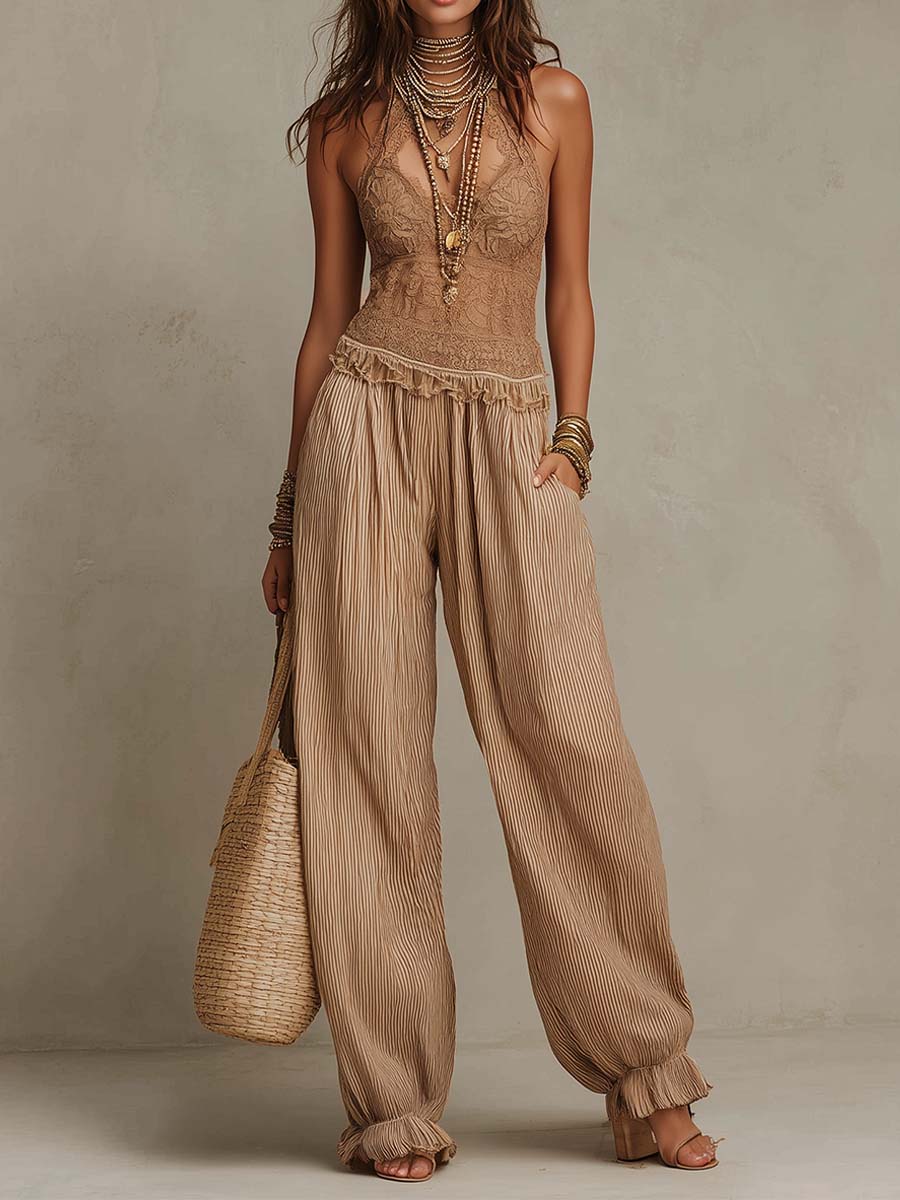 Bohemian Lace Halter And Crinkled Stripe Cotton-Linen Jumpsuit