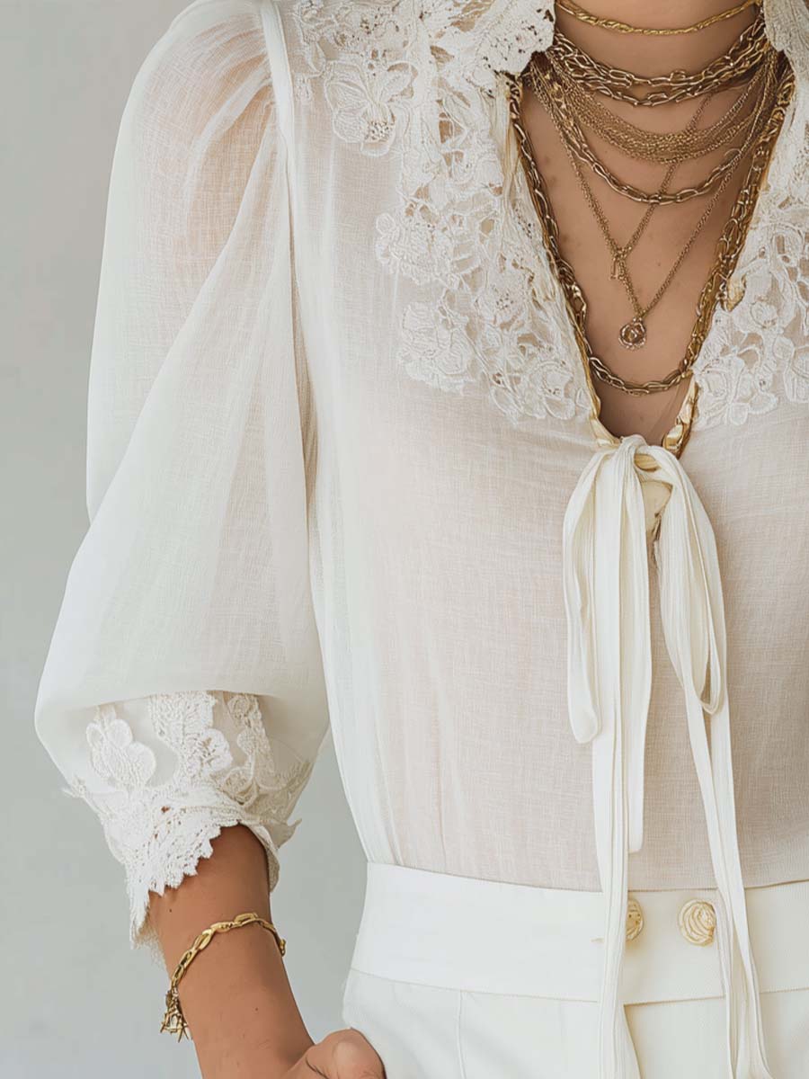 Vintage Lace-Trimmed Bamboo Linen-Effect Puff Sleeve Blouse