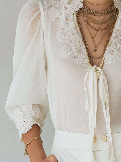 Vintage Lace-Trimmed Bamboo Linen-Effect Puff Sleeve Blouse