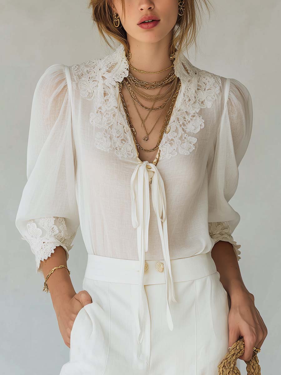 Vintage Lace-Trimmed Bamboo Linen-Effect Puff Sleeve Blouse
