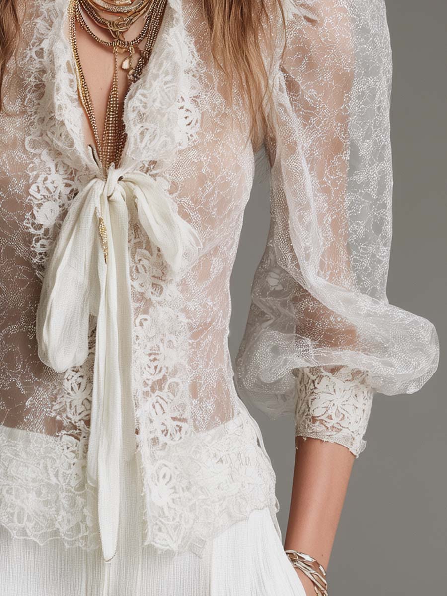 Vintage-Inspired Sheer Lace Puff Sleeve Blouse