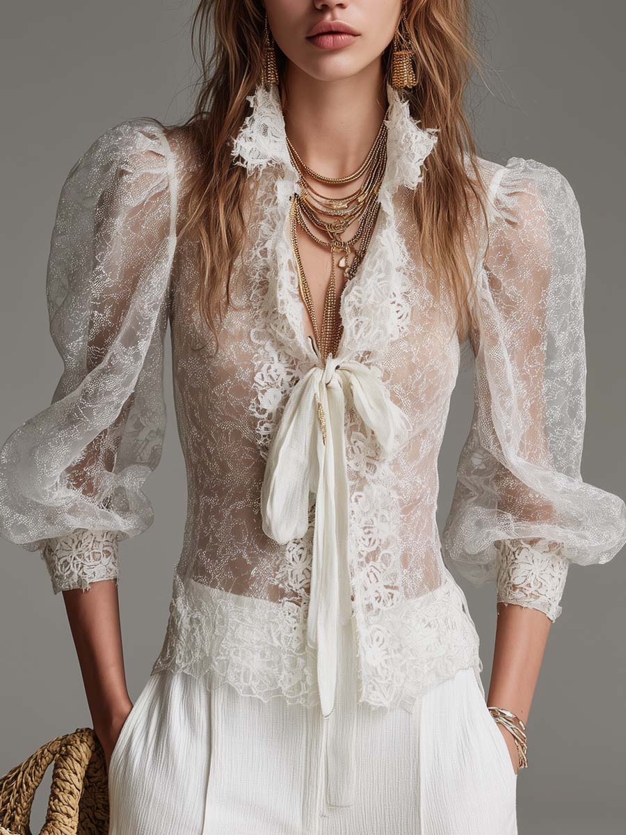 Vintage-Inspired Sheer Lace Puff Sleeve Blouse