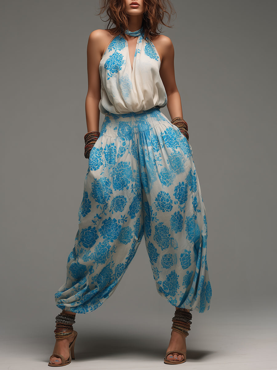 Keyhole-Neck Vest & Shirred Balloon Pants Set