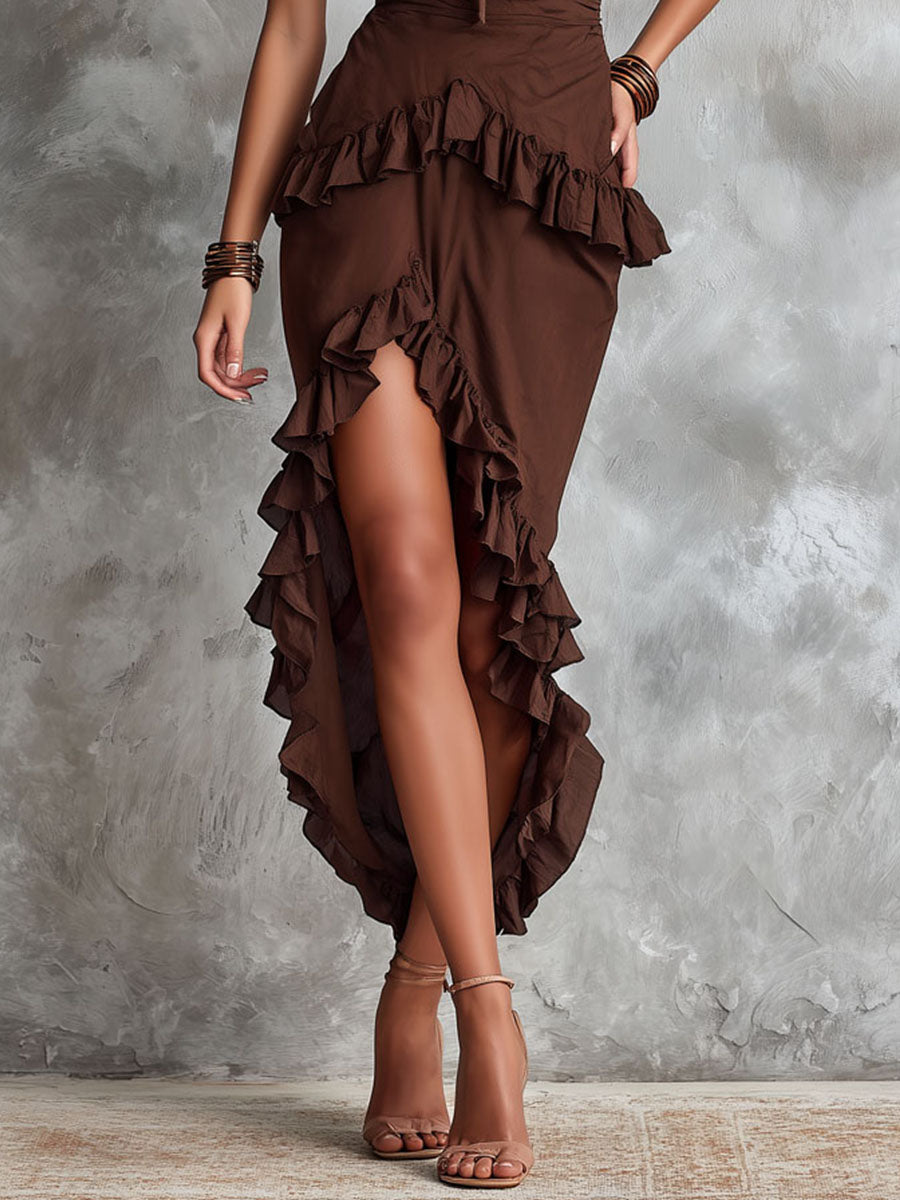 Boho Chocolate Brown Ruffle High-Low Dress