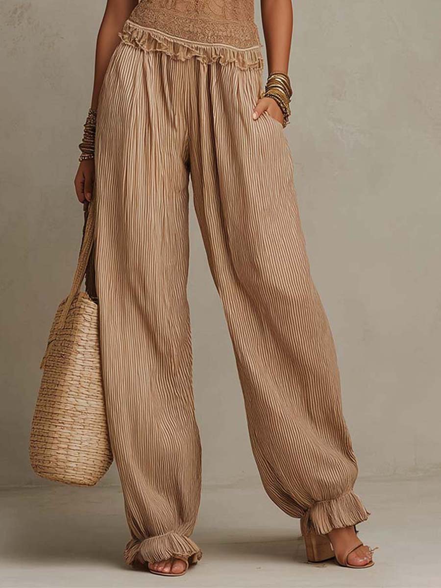 Bohemian Lace Halter And Crinkled Stripe Cotton-Linen Jumpsuit