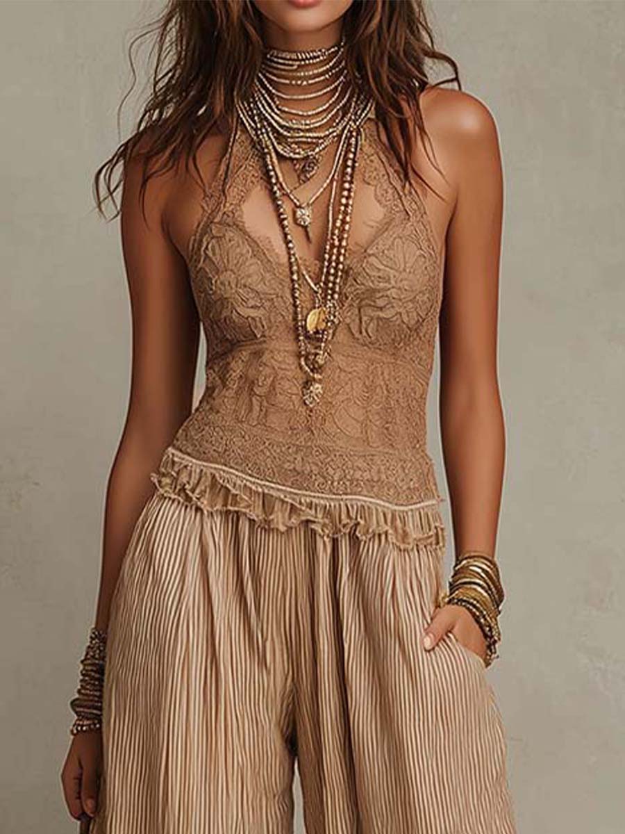 Bohemian Lace Halter And Crinkled Stripe Cotton-Linen Jumpsuit