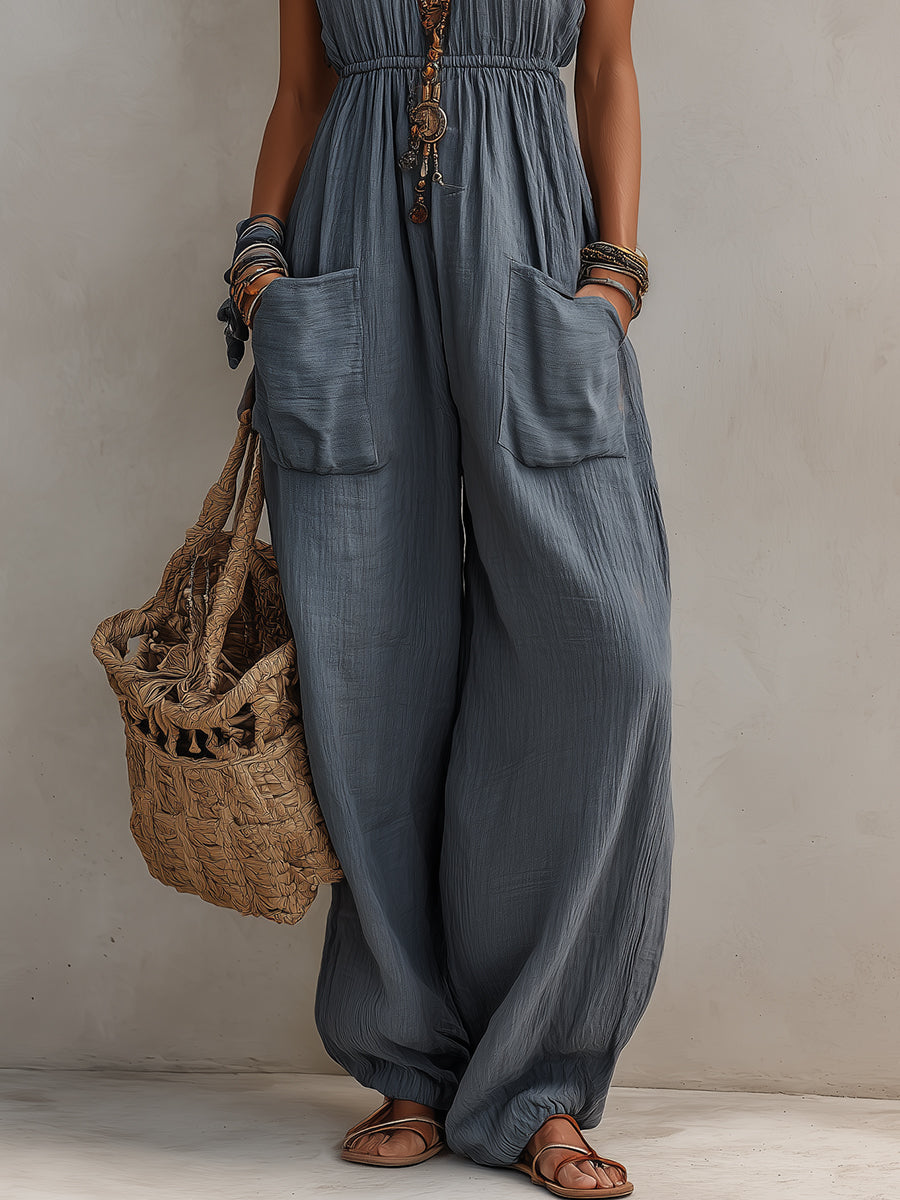 Boho Halter-Neck Wide-Leg Cotton Jumpsuit With Patch Pockets