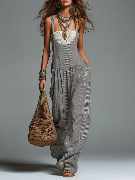 Retro Striped Wide-Leg Overalls (Includes Lace Bandeau)