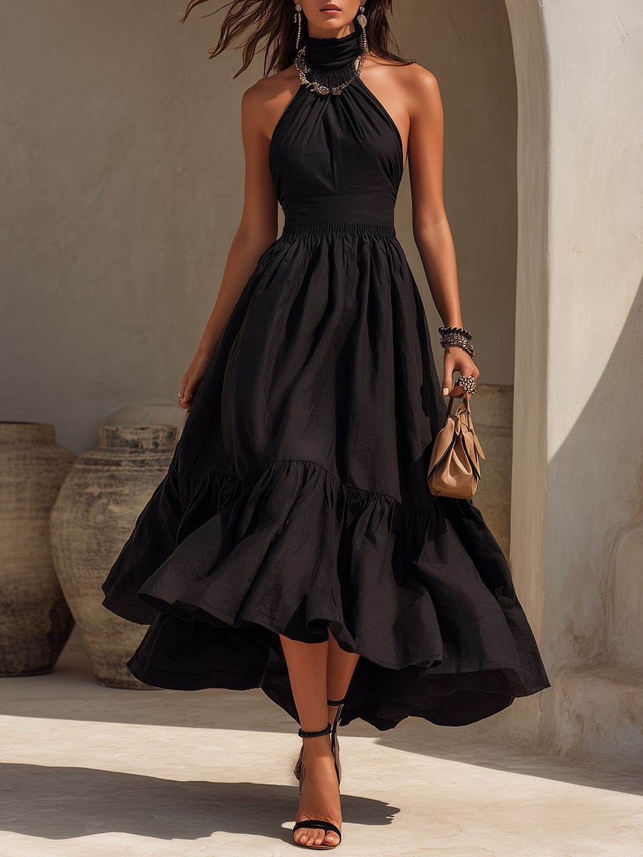 Boho Vacation Halter-Neck Ruffled Maxi Dress