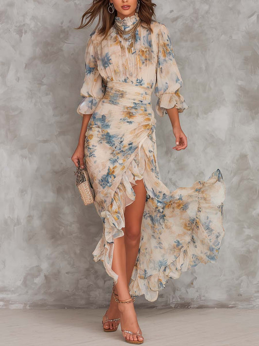 Vintage Oil-Painting Style Floral Ruffled Ruched Maxi Dress