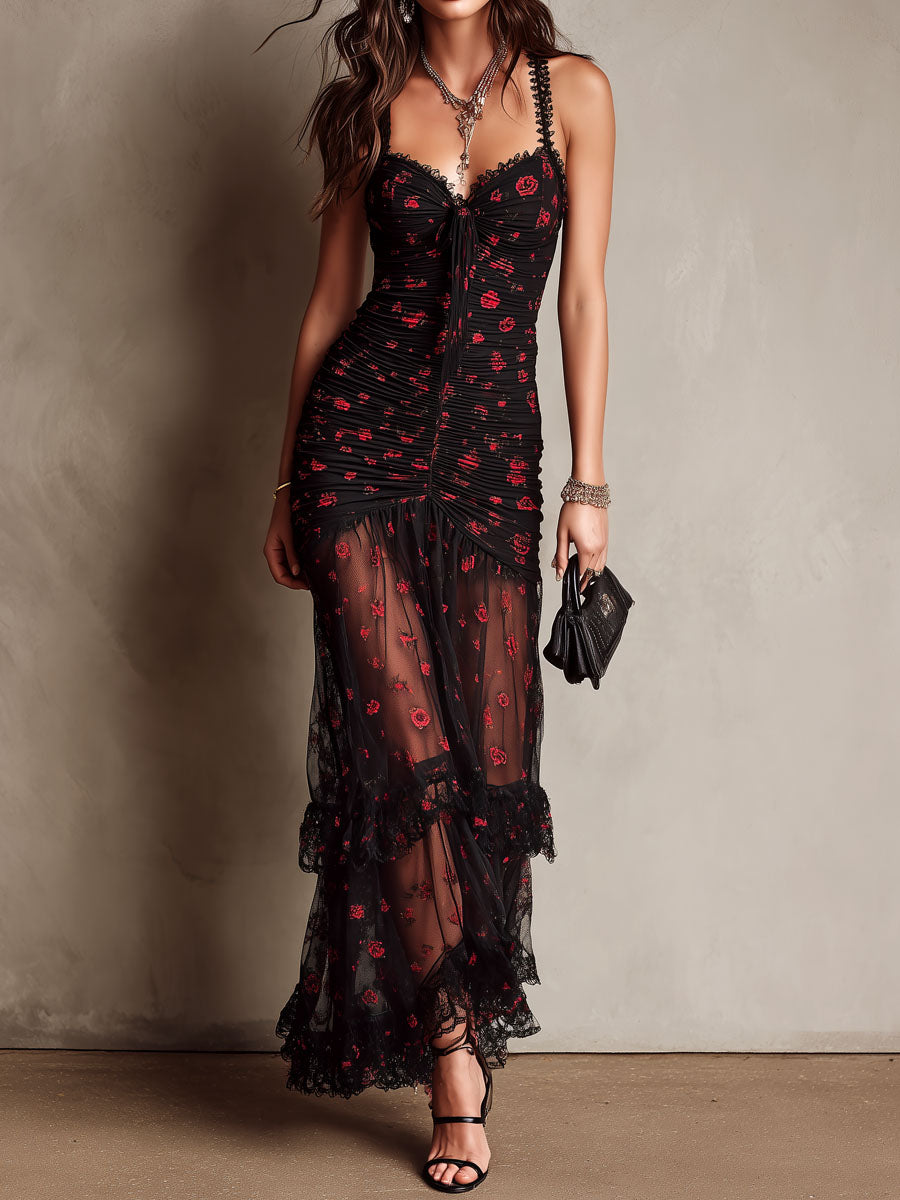 Retro Boho Black Sheer Mesh Floral Ruched Lace Trim Maxi Dress