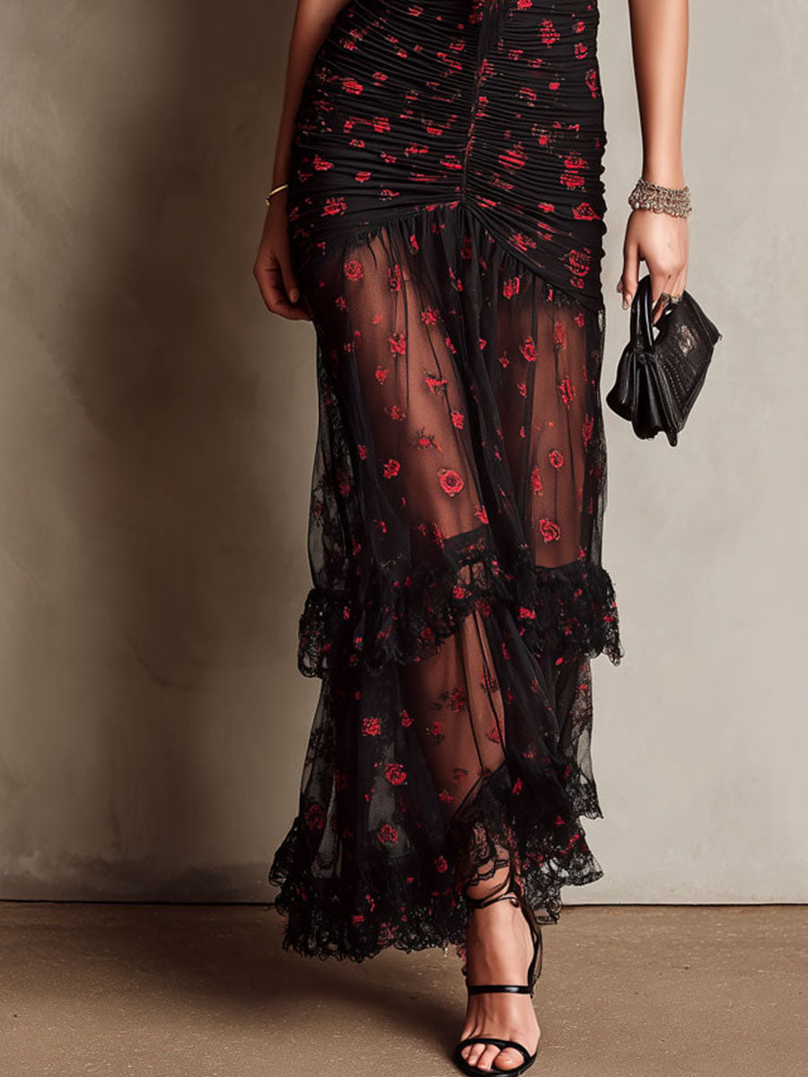 Retro Boho Black Sheer Mesh Floral Ruched Lace Trim Maxi Dress