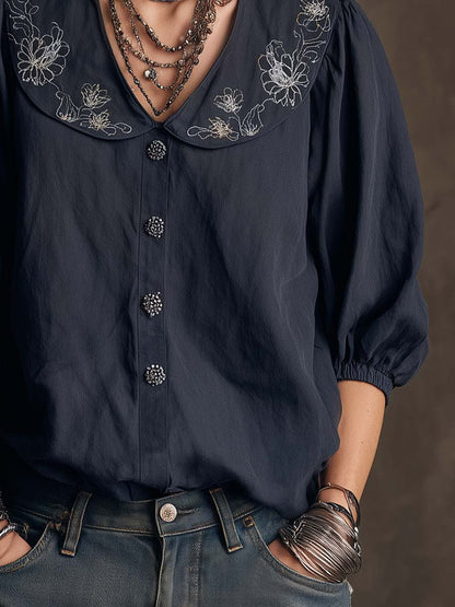 Retro Embroidered Shirt With Peter Pan Collar