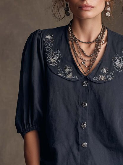 Retro Embroidered Shirt With Peter Pan Collar