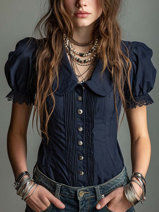 Vintage Peter Pan Collar Cotton-Linen Shirt