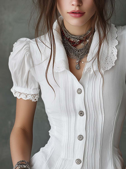 Vintage Peter Pan Collar Blouse With Lace Trim