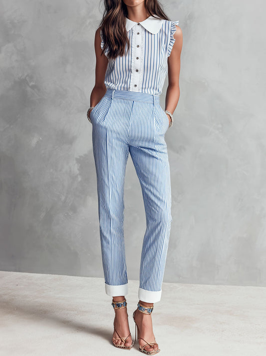 Boho Casual Collared Blue Pinstripe Sleeveless Bloue And Pants Sey