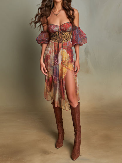Boho Cold-Shoulder Mixed Print Chiffon Dress With Slit