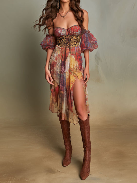 Boho Cold-Shoulder Mixed Print Chiffon Dress With Slit