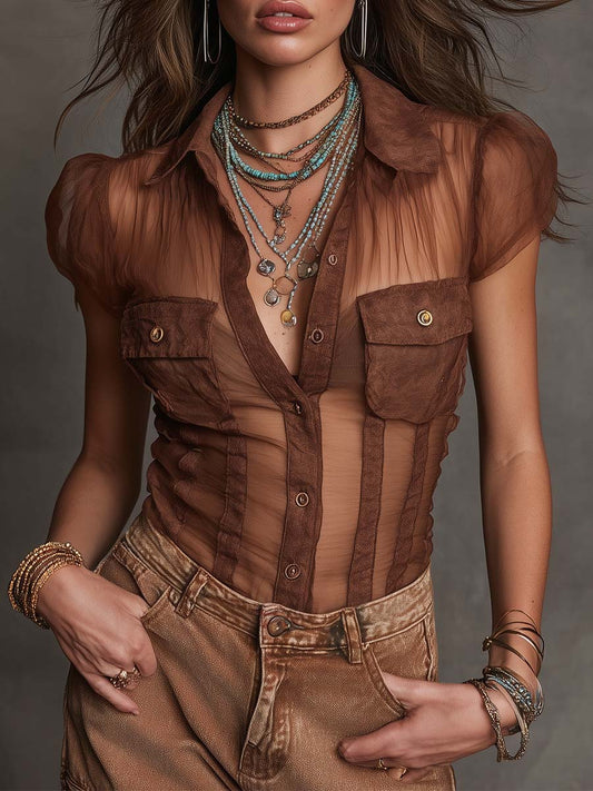 Brown Sheer Mesh Puff Sleeve Western Shirt