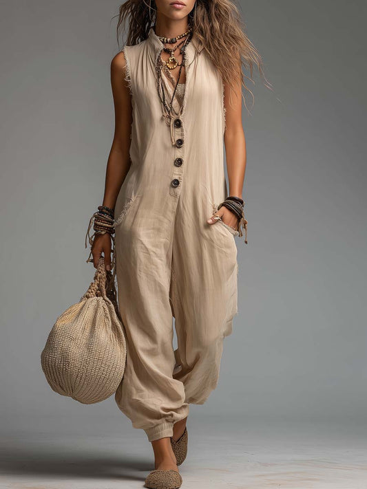 Retro Frayed-Edge Stand-Collar Cotton-Linen Jumpsuit