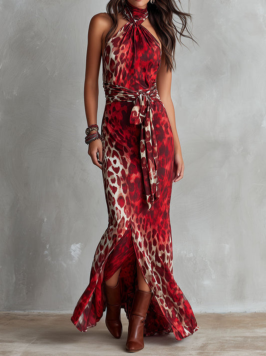 Boho Red Leopard Print Halter Tie-Waist Maxi Dress With Front Slit