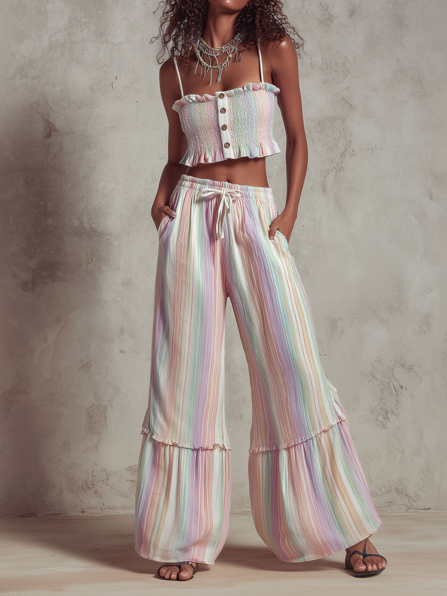 Boho Chic Pastel Striped  Smocked Top & Wide-Leg Drawstring Pants Two-Piece Set