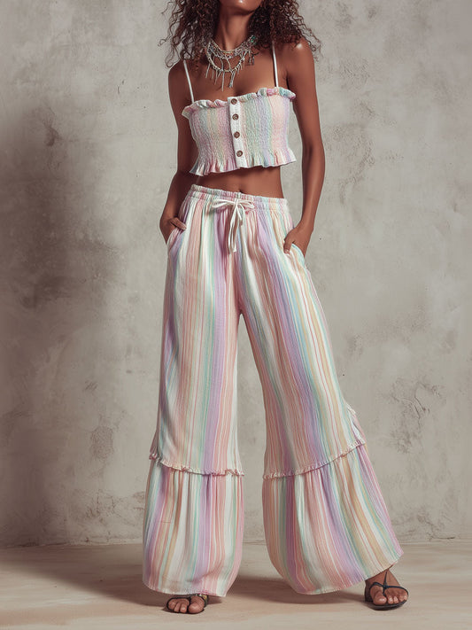 Boho Chic Pastel Striped  Smocked Top & Wide-Leg Drawstring Pants Two-Piece Set