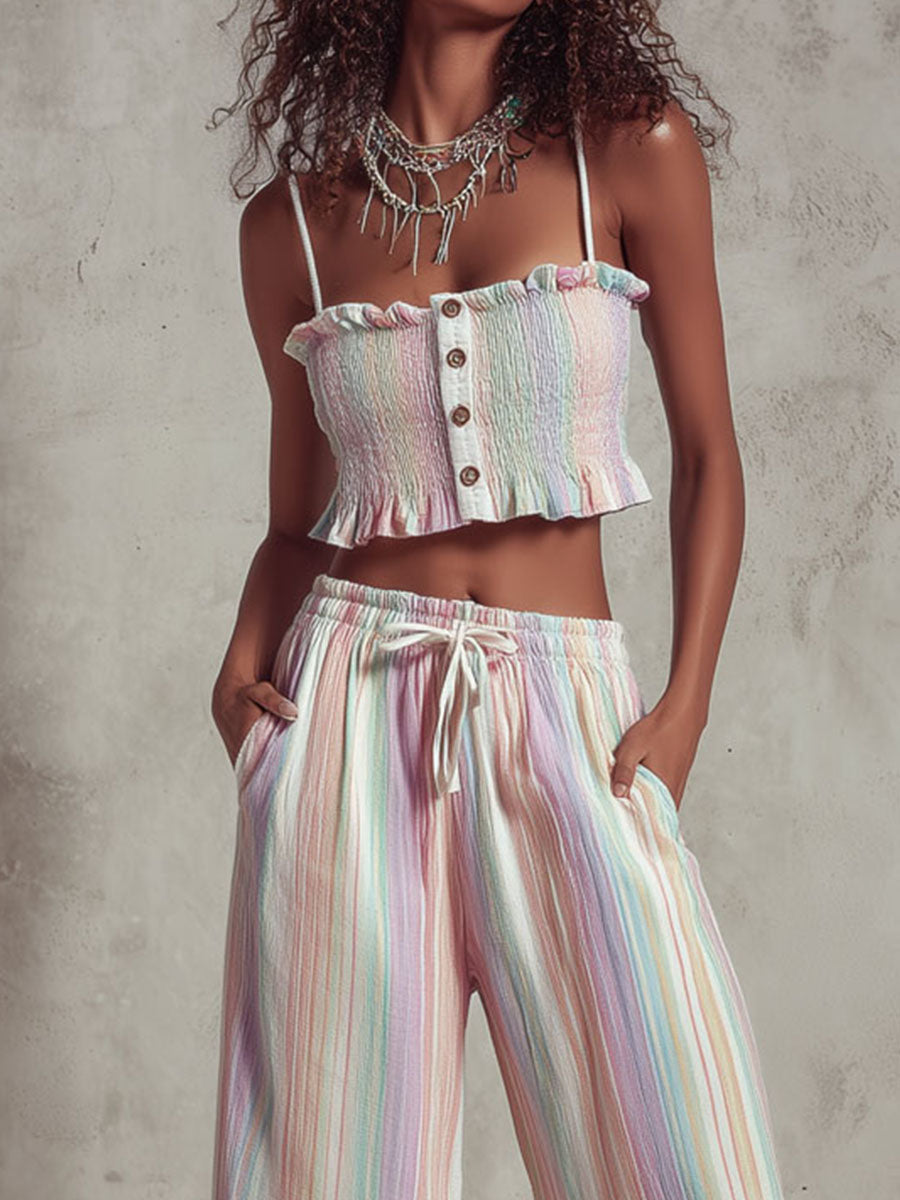 Boho Chic Pastel Striped  Smocked Top & Wide-Leg Drawstring Pants Two-Piece Set