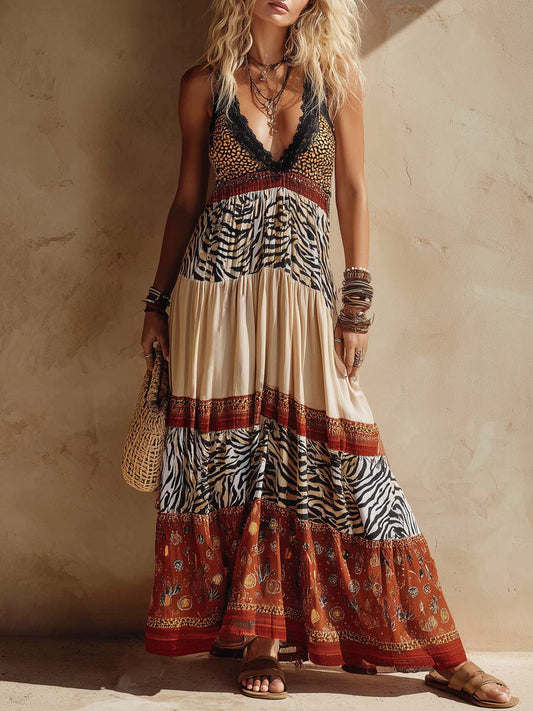 Vintage Animal Print Maxi Dress With Lace Collar