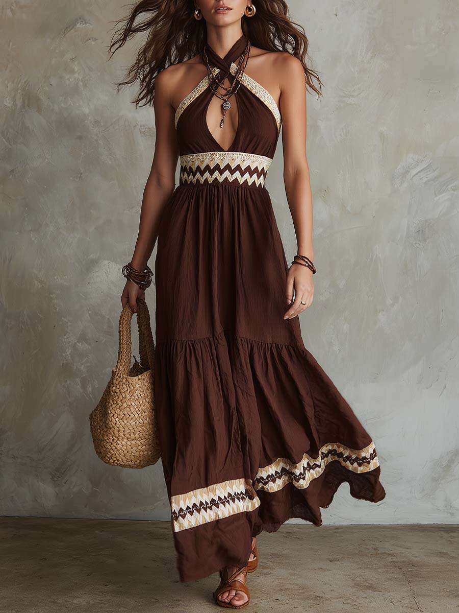 Retro Geometric Print Halter Maxi Dress