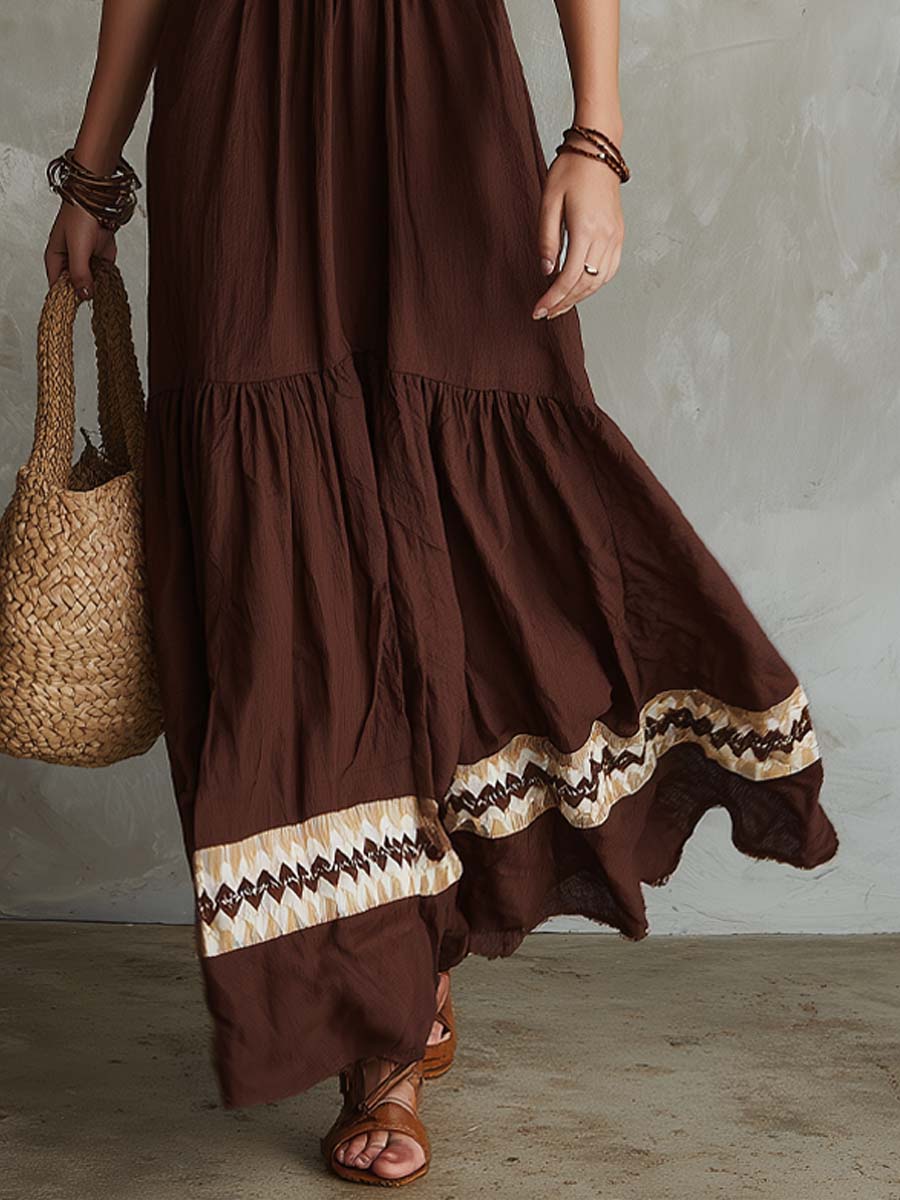 Retro Geometric Print Halter Maxi Dress
