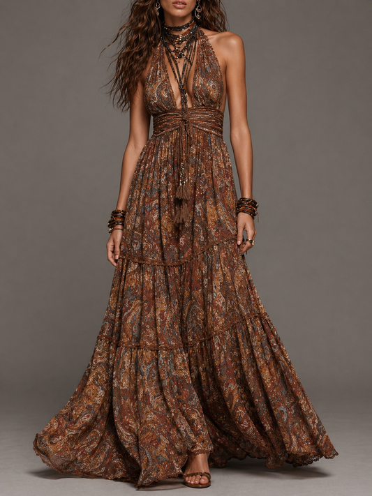 Bohemian Paisley Print Halter Tiered Maxi Dress