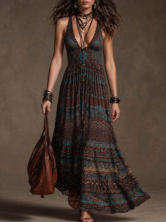 Bohemian Tribal Print Cotton-Feel Halter Maxi Dress