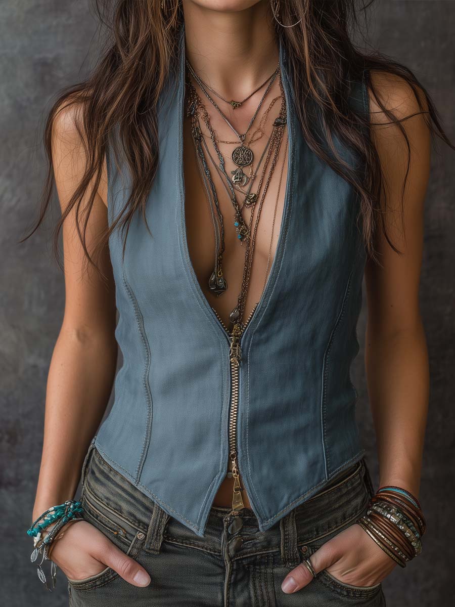 Retro Zip-Collar Cotton-Linen Vest