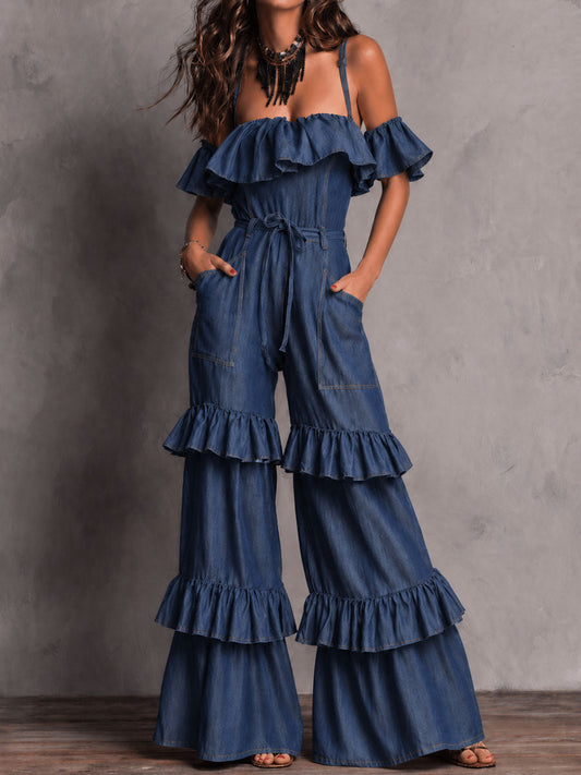 Boho Chambray Ruffle Tie-Waist Wide-Leg Jumpsuit