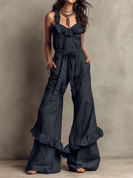 Boho Black Tencel Ruffle Strap Tie-Waist Wide-Leg One-Piece