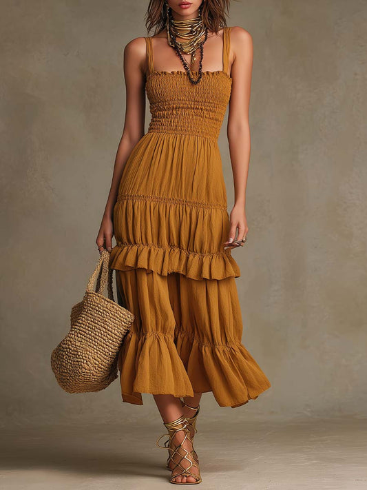Bohemian Mustard Smocked Tiered Cotton Midi Dress