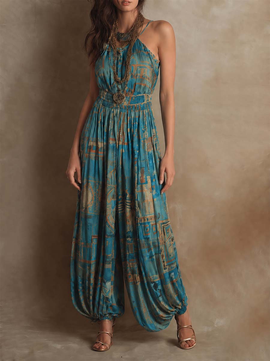 Bohemian Abstract Print Halter Harem Jumpsuit