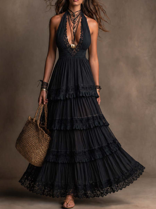 Black Halter Lace Tiered Maxi Dress